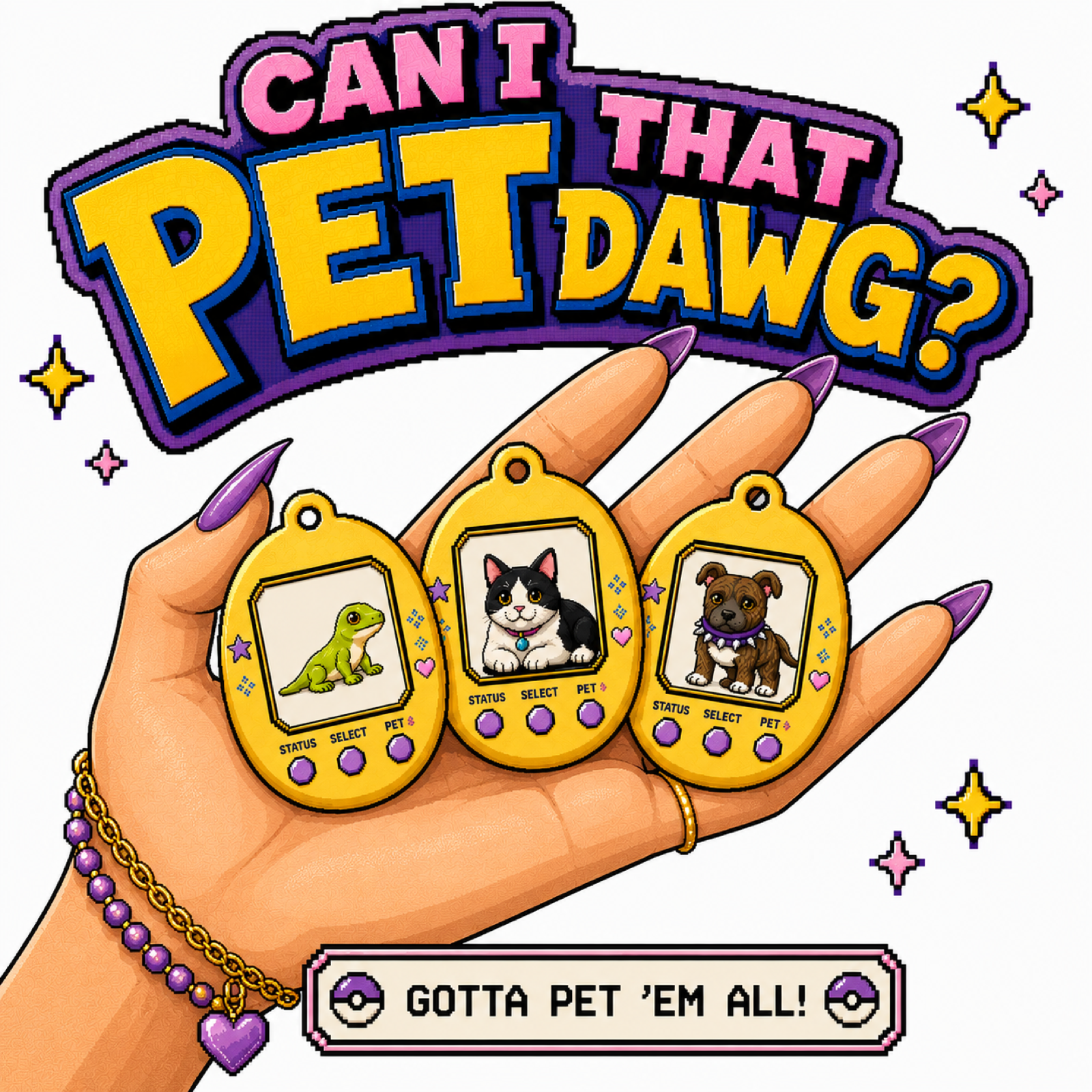Three Tamagotchi eggs in a hand: gecko, cat, and brindle pittie